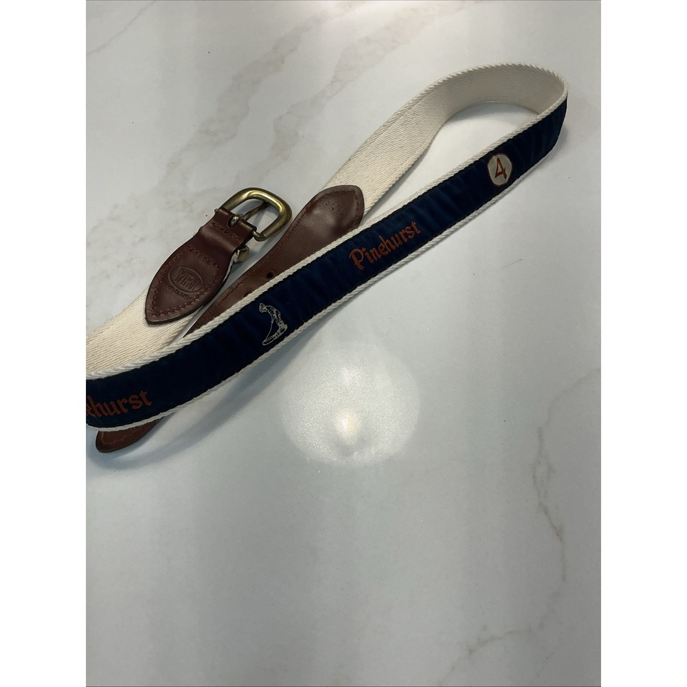 Pinehurst Golf YRI Men's 34/85 Ribbon Belt Blue Canvas Leather Brass Buckle